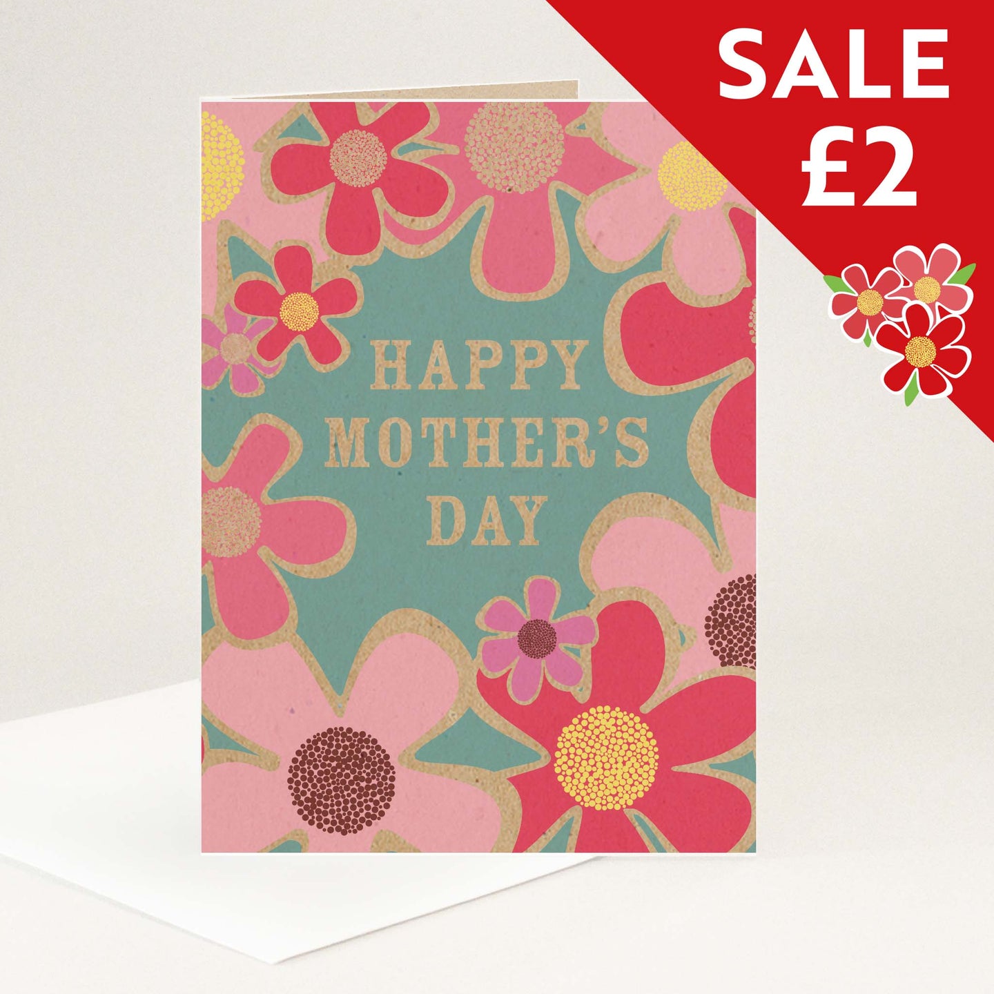 Happy Mother's Day brightly coloured flowers on a recycled Kraft card for sale at £2