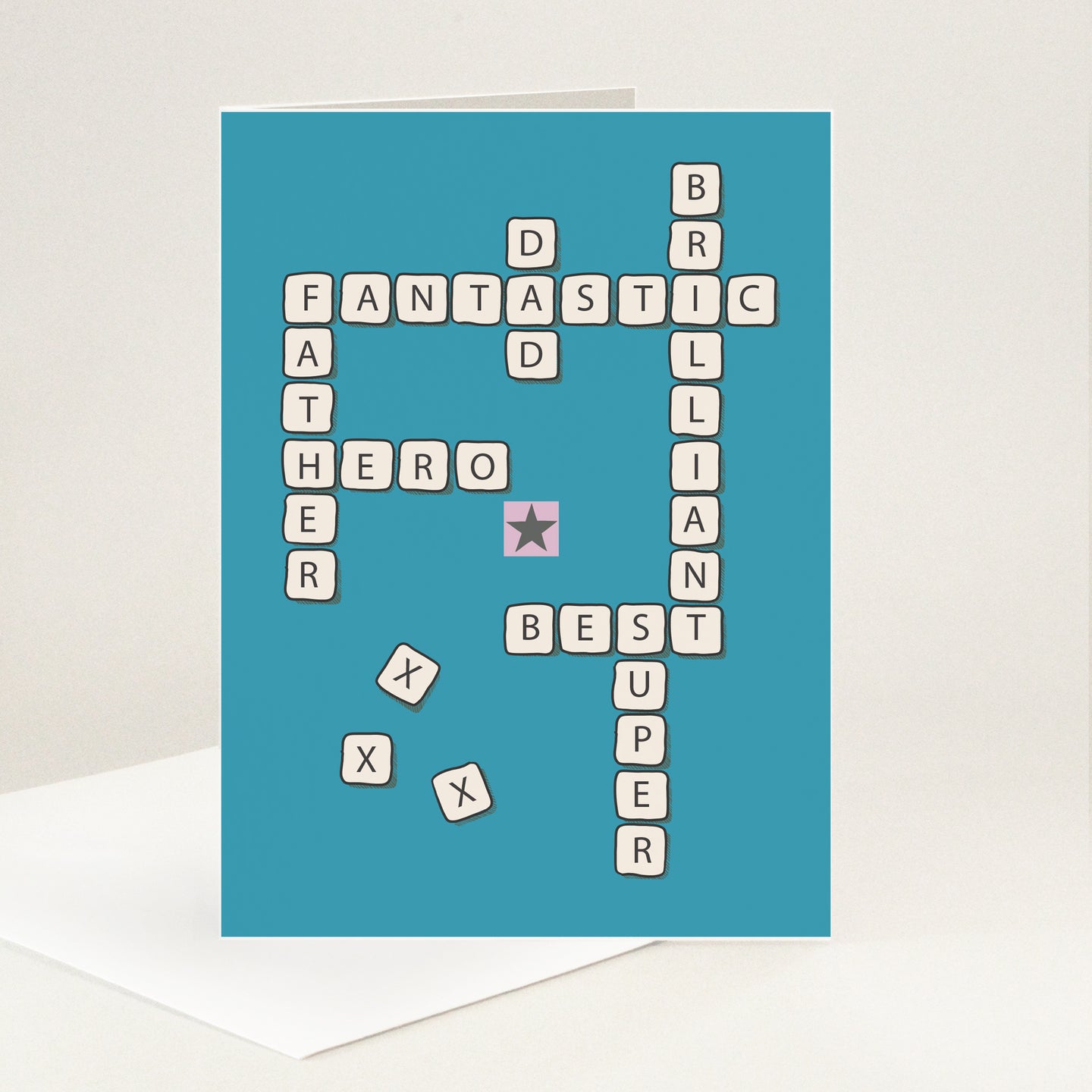 Drawn letter tiles game arranged to form the words brilliant, best, hero, father, dad, fantastic and super. Off-white tiles on blue background.